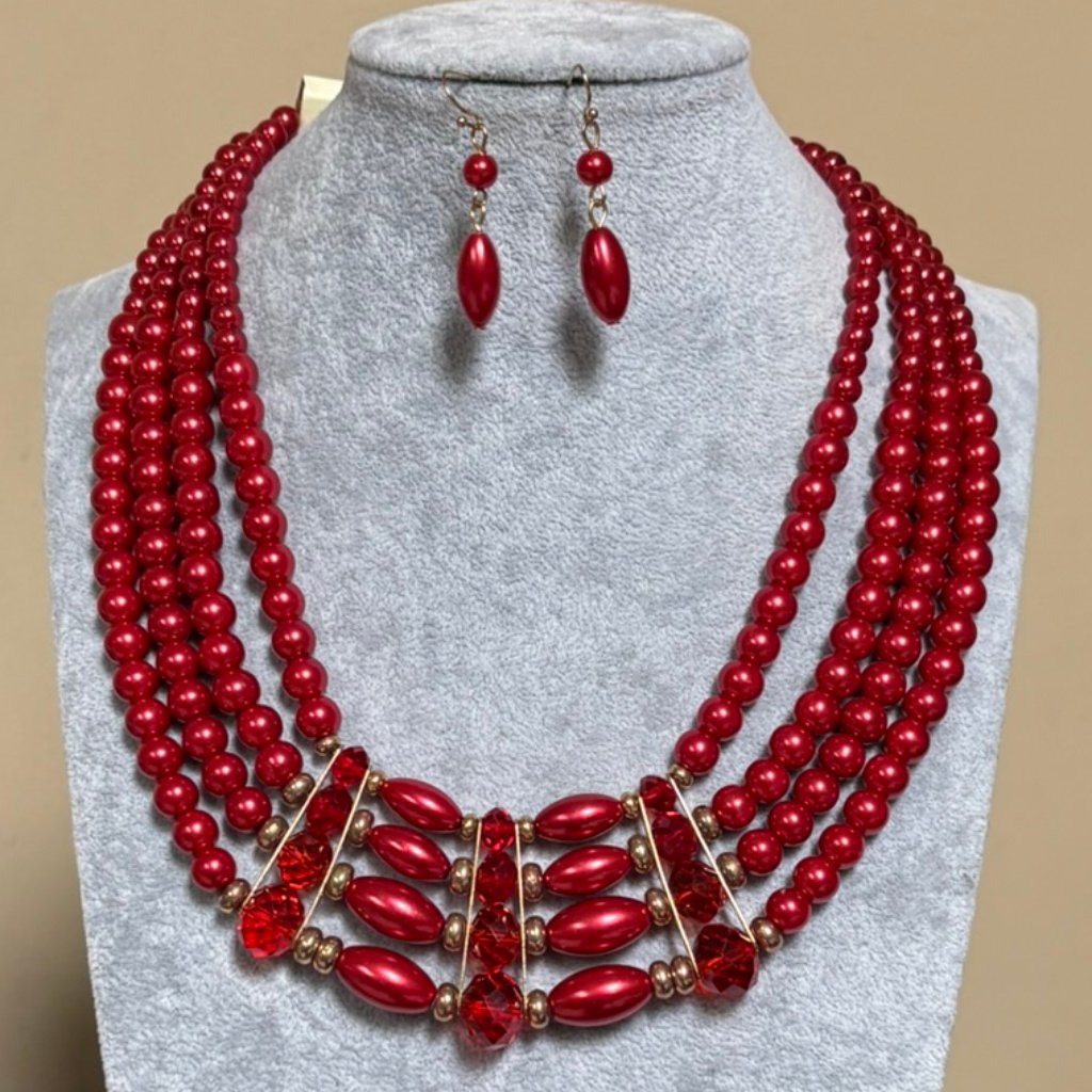 Four Layers Red Glass Faux Pearl Faceted Glass Bead Necklace Earring Set 11$